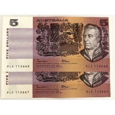 AUSTRALIA 1985 . FIVE 5 DOLLARS BANKNOTE . JOHNSTON/FRASER . CONSECUTIVE PAIR